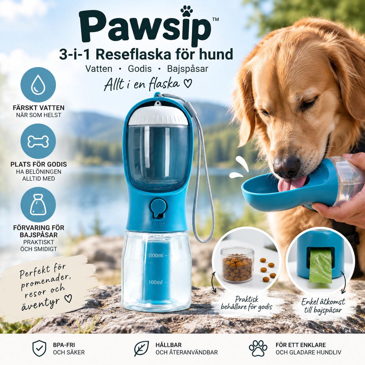 Pawsip 3-i-1 Reseflaska för hund